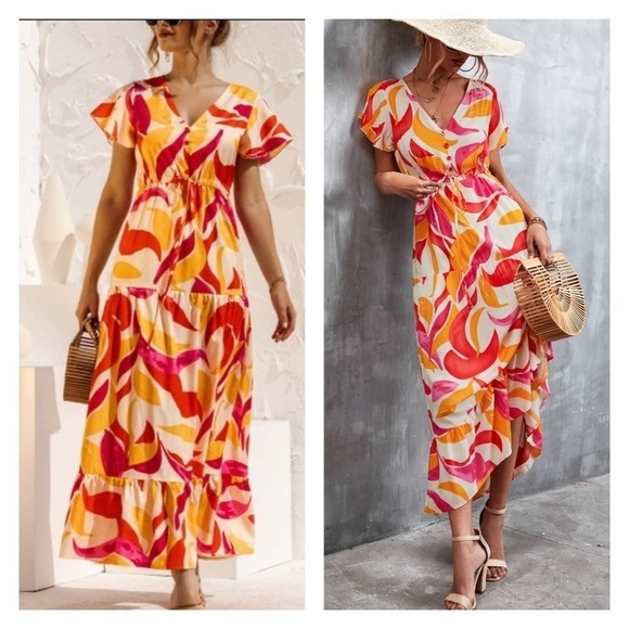 NWT ABEL THE LABEL Anthro Swish Multicolor Flutter Sleeve Maxi Dress XS Blogger - Picture 1 of 7